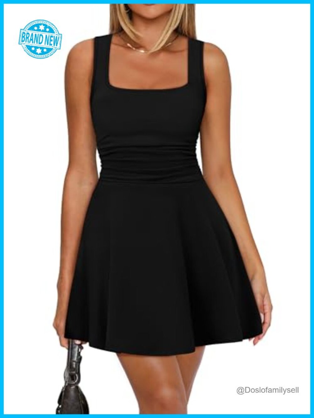 Square Neck Sleeveless Mini Dress Ruched Waist Fit and Flare Pleated